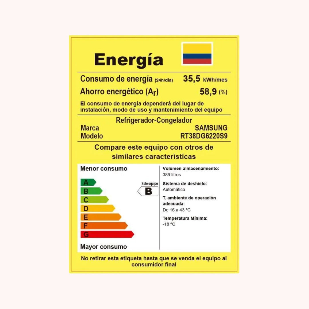 Nevera SAMSUNG No Frost Congelador Superior 389 Lts Inox - RT38DG6220S9CO