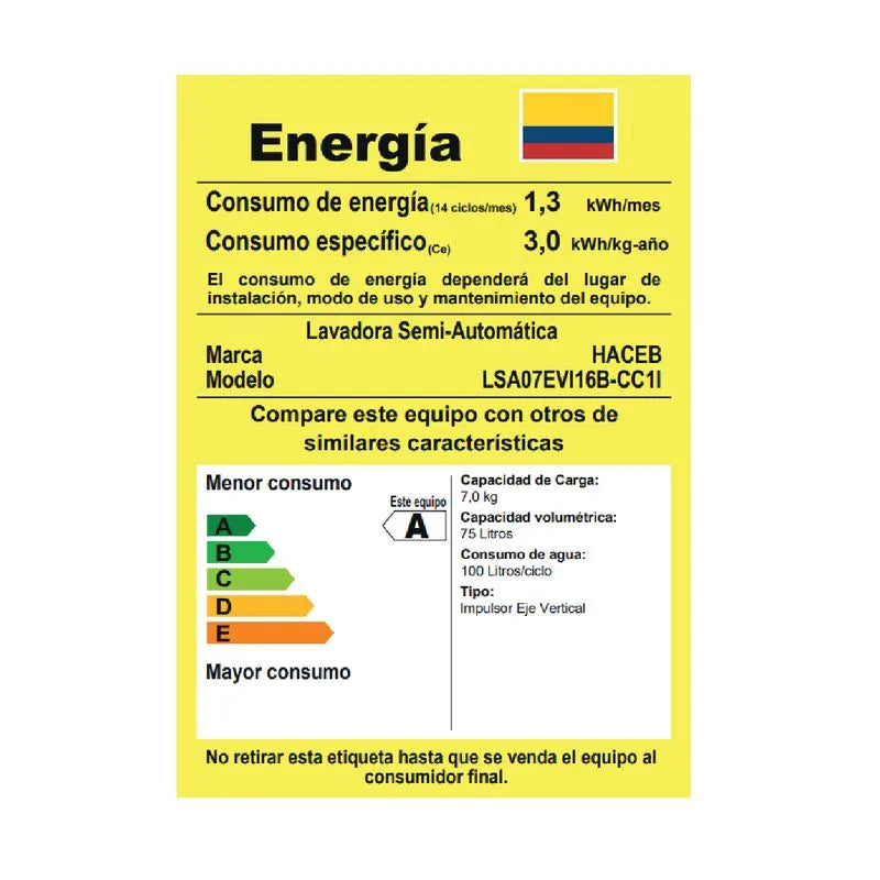 Lavadora Haceb Semiautomática de 7 KG Blanca - LAV 7 KG SA BL