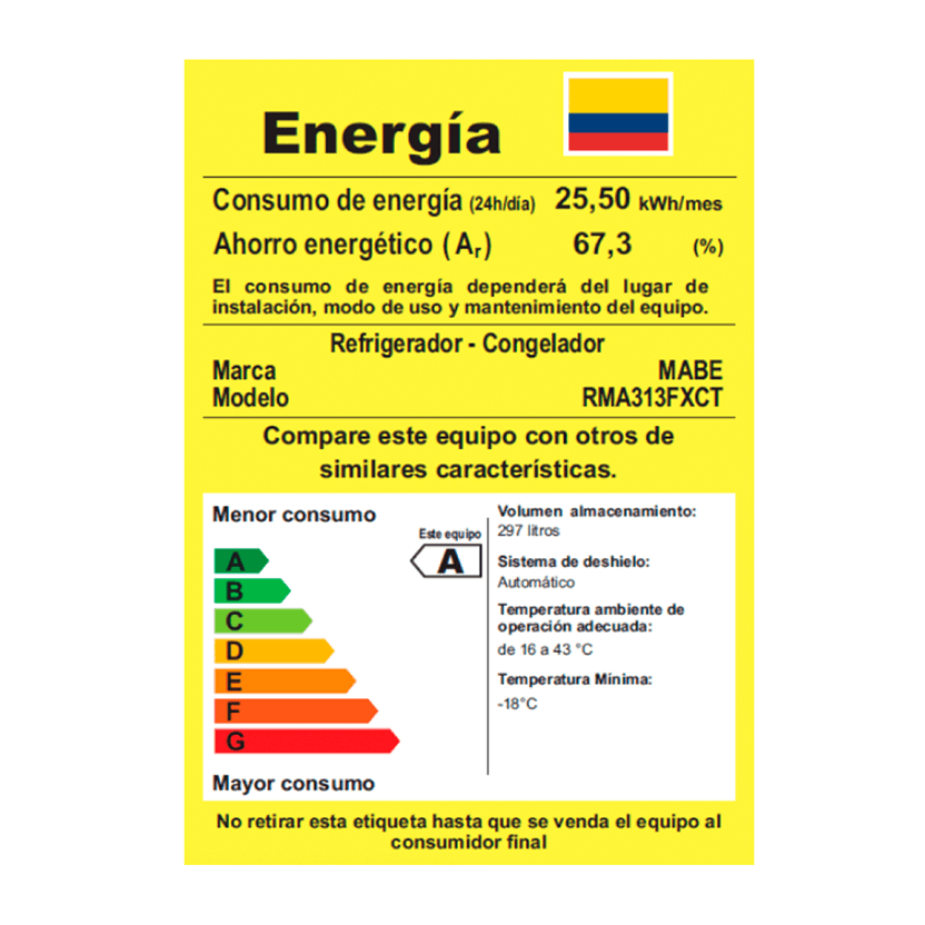 Nevera MABE No Frost Congelador Superior 313 Litros brutos Gris